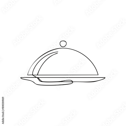 Elegant Served Food Presentation with Platter and Dome Cover Minimalist Line Art Style Illustration
