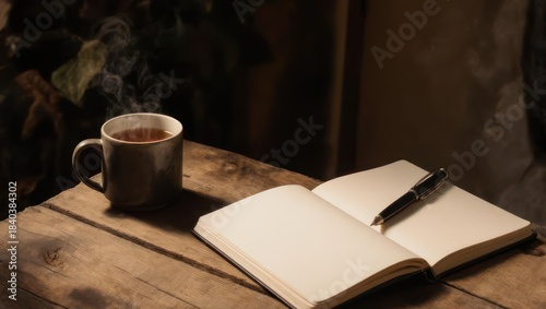 Steaming mug of dark liquid beside an open book with a pen, on a rustic wooden surface