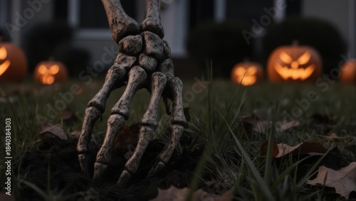 Spooky skeleton hand emerges from dark soil, amidst glowing jack-o'-lanterns on lawn