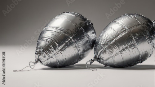 Two Silver Foil Balloons Resting on a White Surface.