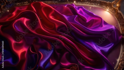 Vibrant, flowing silk fabric in red and purple hues, draped on an ornate, gilded tray