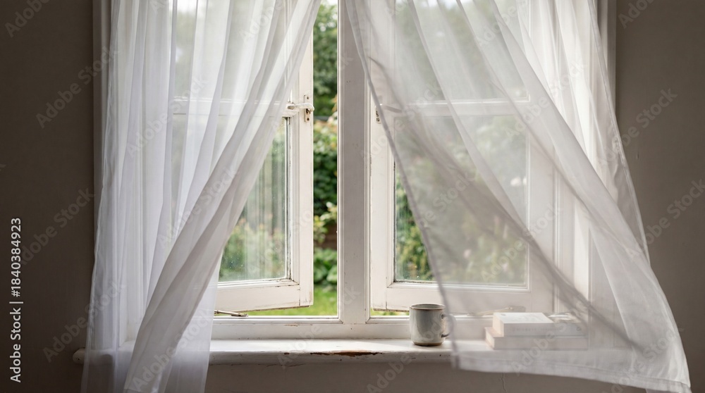 Naklejka premium Soft, sheer curtains billow gently in the breeze, framing a sunlit view through an open window, a perfect symbol of serenity and peace.