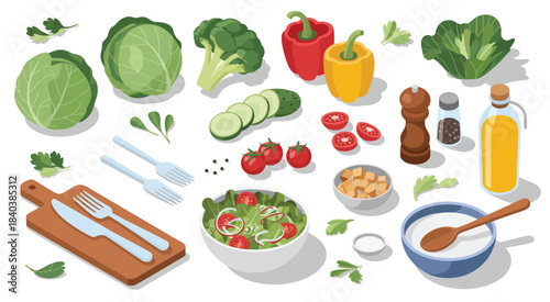 Fresh salad vector illustration, isometric style with peppers, tomatoes, cucumbers, and assorted vegetables, ideal for recipe books, food packaging, and healthy eating design projects.