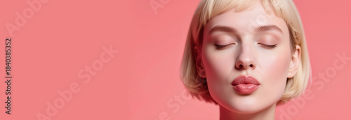 Volto di giovane donna bionda dagli occhi chiusi in attesa di un bacio in primo piano su uno sfondo color rosa pallido uniforme