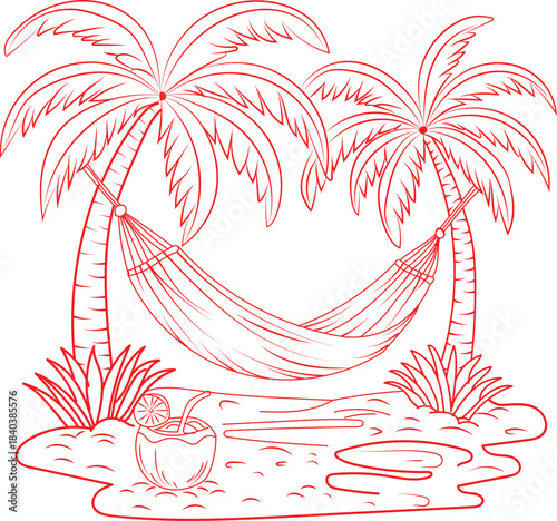 Tropical beach scene outline drawing featuring two palm trees and a relaxing hammock for vacation