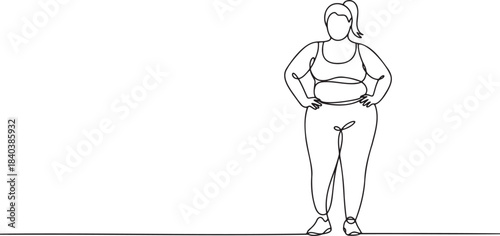 Continuous line drawing of a plus size body positive woman in sportswear standing with confidence