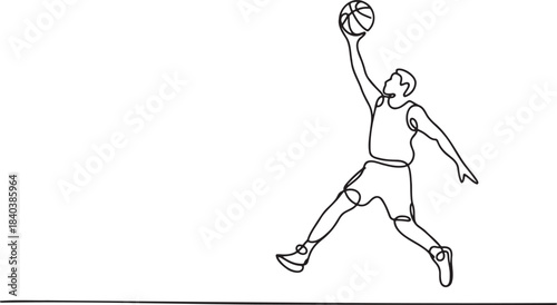 Continuous line drawing of basketball player jumping high in air holding ball above head ready to shoot or dunk