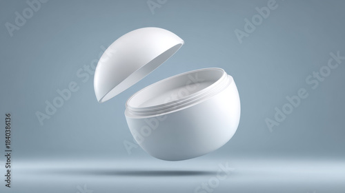Elegant 3D render of a minimalist open white cosmetic cream jar mock-up floating against a smooth, neutral gray background, ideal for product display