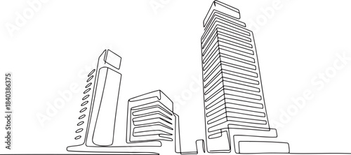 Continuous line drawing of modern city skyline and skyscrapers architecture