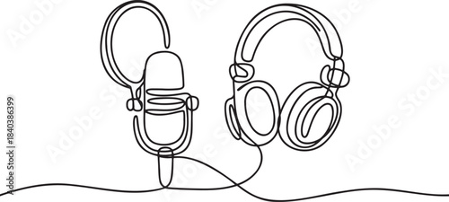 Continuous line drawing of recording studio equipment including microphone and headphones representing audio production