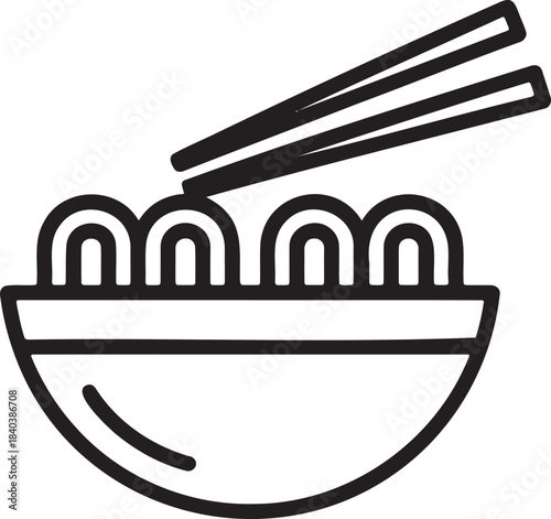 Delicious asian ramen soup noodles in bowl being eaten with wooden chopsticks continuous line drawing style