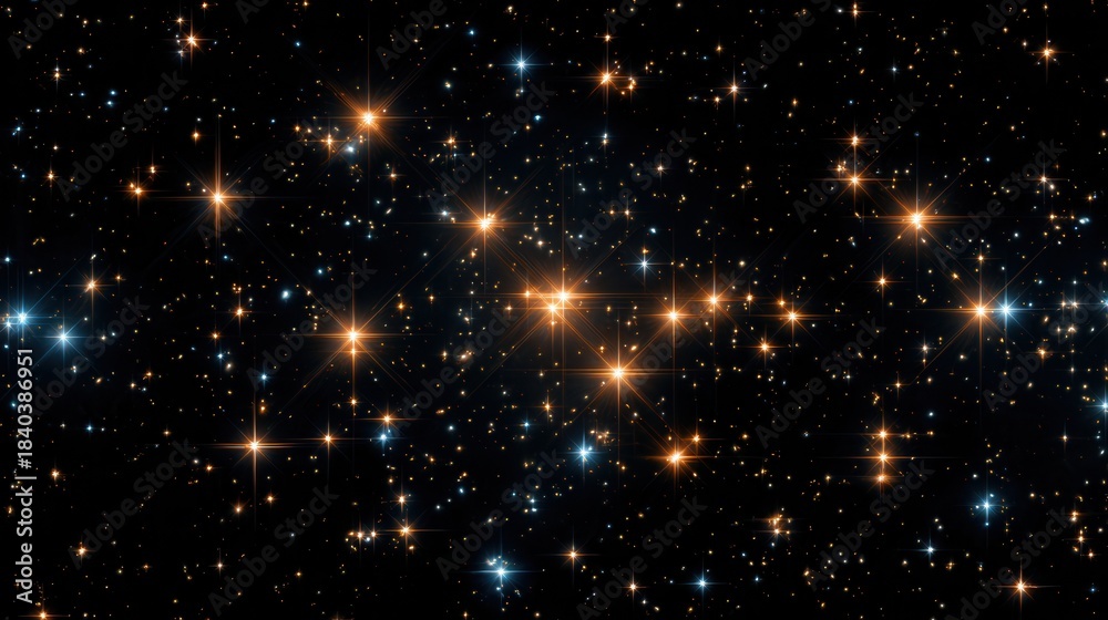 Fototapeta premium Dense star field with blue and golden stars shining against black background