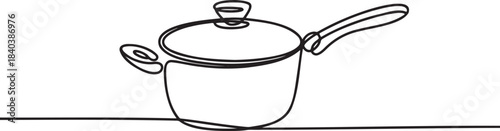 Single continuous line drawing of household cooking pot with lid and handle representing culinary food preparation and home cooking