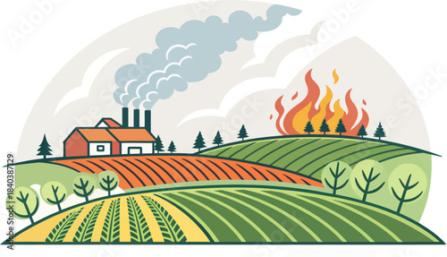 Agricultural Field Burning Pollution Icon Isolated