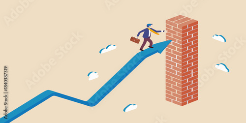 Business professional climbing a brick wall representing growth and overcoming obstacles