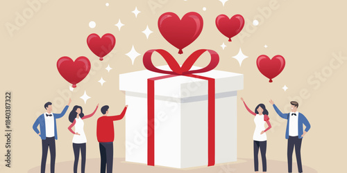 Celebration of love with heart shaped balloons and a gift box