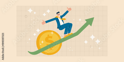 Business success a man riding a coin on a rising green arrow