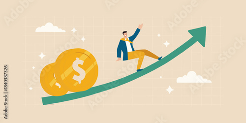 Man confidently climbing an arrow made of money symbolizing financial growth