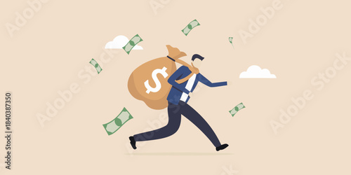 A businessman is running away with a bag full of money escaping