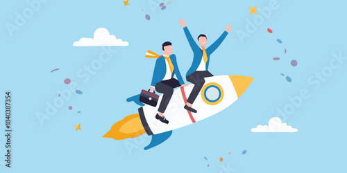 Two businessmen riding a rocket ship with confetti symbolizing success