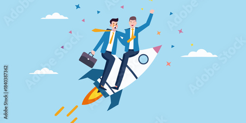 Two businessmen celebrate success soaring through the sky on a rocket ship