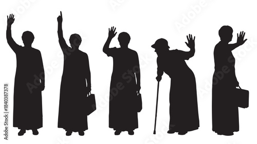 a group of six women in various poses with arms raised carrying bags and walking sticks displayed as a silhouette on transparent background high quality professional