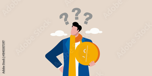 A man considering financial questions and the value of a gold coin