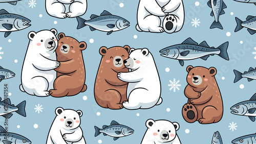 Seamless winter pattern with cute hugging polar and brown bears holding fish in snow