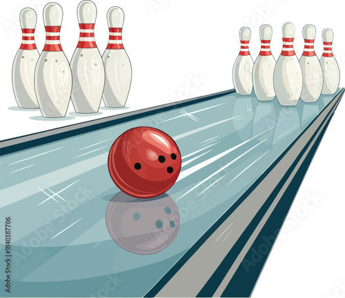 Bowling ball hitting pins on clean lane with reflection