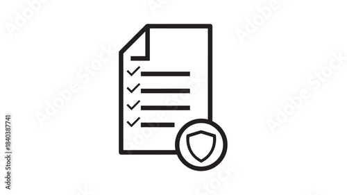 A simple line art icon depicting a document with checkboxes and a shield ideal for security or compliance topics on transparent background silhouette high quality professional