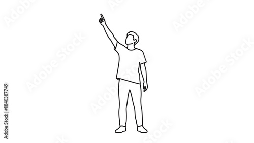 Man in a T-shirt pointing upwards with his index finger in a stylized line art illustration