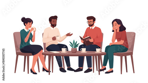 Diverse group of people enjoying a casual discussion over coffee in a relaxed setting, fostering connection, collaboration, and social interaction