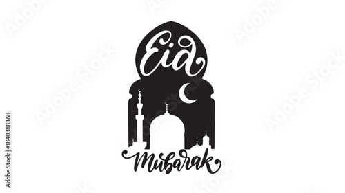 a beautifully designed eid mubarak graphic featuring a mosque and crescent moon in black silhouette on transparent background high quality professional detailed modern elegant stylish clean