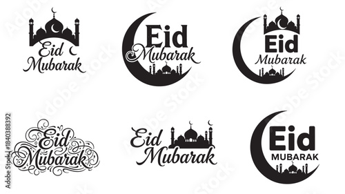 a collection of six black eid mubarak graphic designs featuring crescent moons and mosque outlines on transparent background silhouette high quality professional detailed modern elegant stylish
