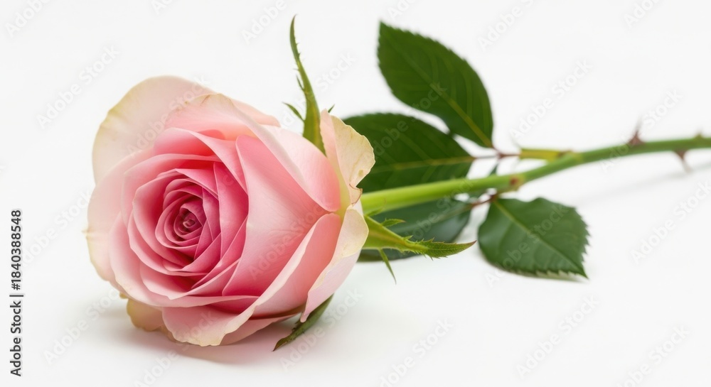 Fototapeta premium Soft pink rose lying on its side isolated on white background