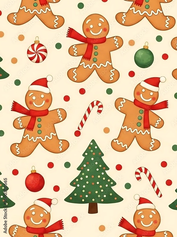 Fototapeta premium Festive Gingerbread Men and Christmas Decorations Seamless Pattern.