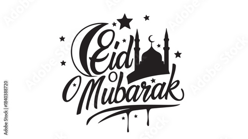 a beautiful eid mubarak calligraphy design featuring a crescent moon stars a mosque and decorative elements on transparent background silhouette high quality professional detailed modern elegant