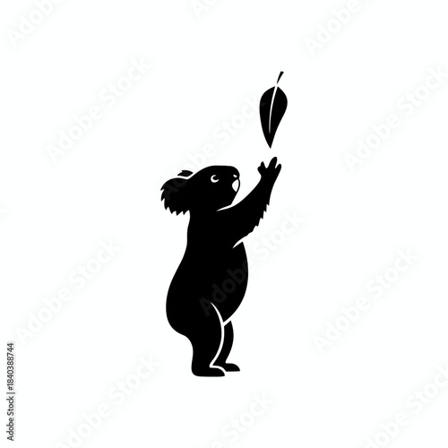 Koala silhouette reaching for single leaf vector illustration
