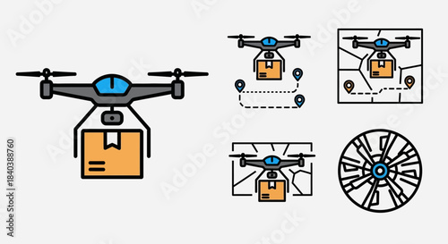 Drone Delivery Icons - Modern Logistics and Package Transportation.