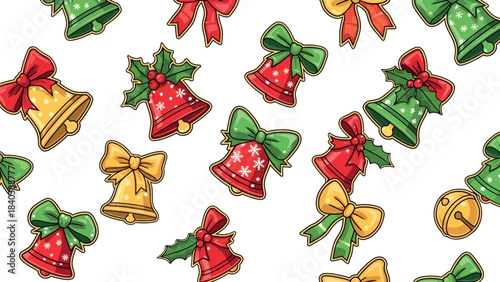 Vibrant seamless Christmas bells and colorful holiday bows pattern for wrapping paper