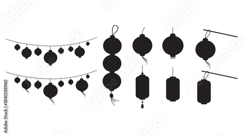 a string of black lanterns in various shapes and sizes presented in a simple elegant design on transparent background silhouette high quality professional detailed modern stylish