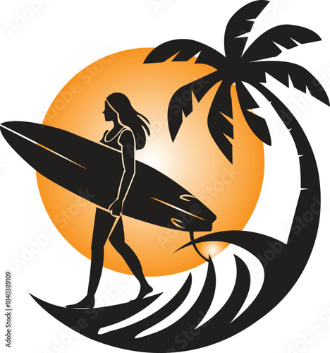 Silhouette of a surfer walking , a palm tree with a sun.