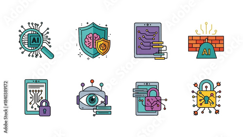 Cybersecurity and AI Icons - Protecting Digital Assets with Advanced Technology.