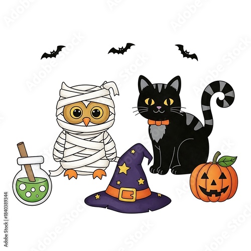 Halloween Cartoon Illustration with Owl Mummy, Black Cat, and Pumpkin.