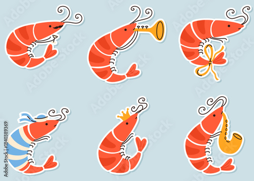 Set of funny shrimp character stickers.