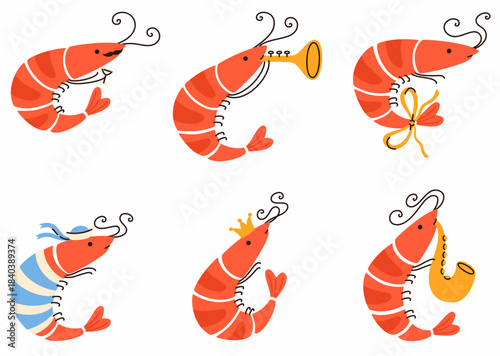 A set of funny shrimp characters with musical instruments, a bow, and a glass.