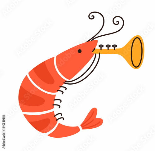 The shrimp character plays a musical instrument.