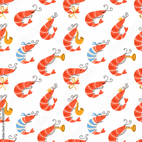 Seamless pattern with funny shrimp characters.