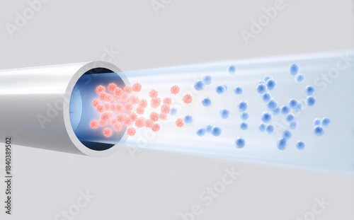 Dynamic illustration of scientific filtration process with molecule separation. Abstract particles flow from pipe, showing concept of purification and heat exchange