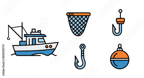 Fishing Equipment and Boat Illustration - A Colorful Collection for Anglers.